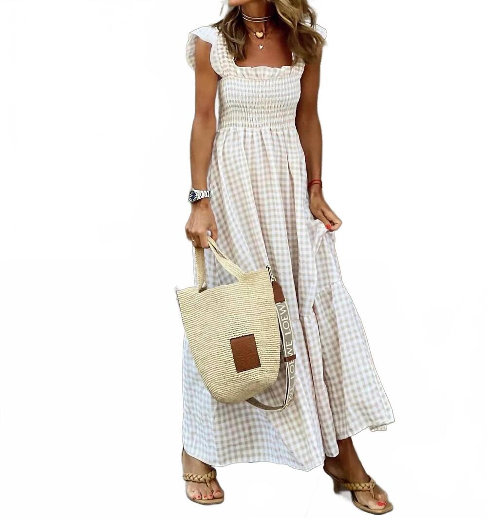 NEW BY A THREAD tami smocked checker dress in beige